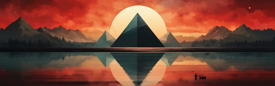 dark pyramids reflected in a still lake under a red sky