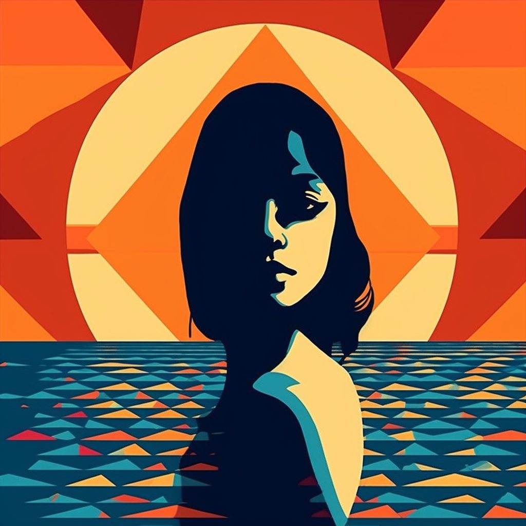 portrait silhouette against an orange geometric sun