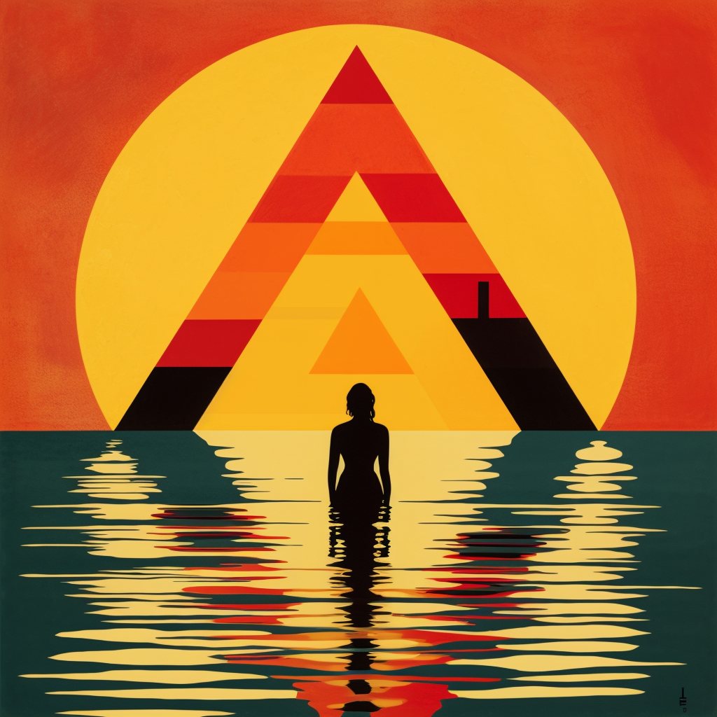 silhouette in water before a large sun