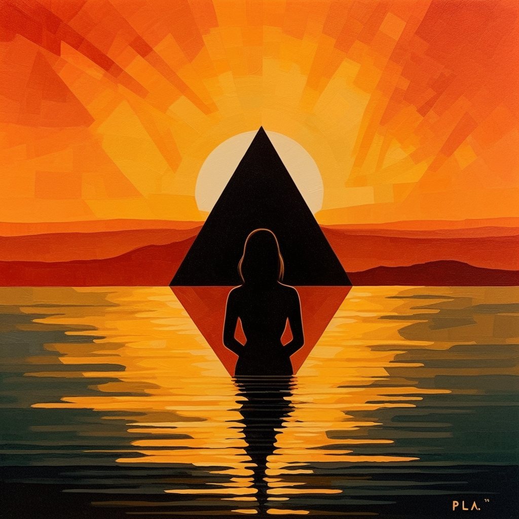 silhouette of a person standing in the sea before a black triangle and setting sun