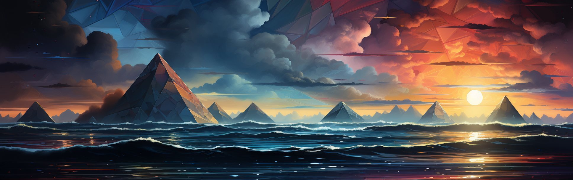 geometric pyramids rising from a dark sea at sunset