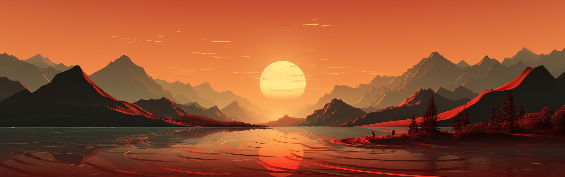 sun setting between dark mountains over a winding river, all terracotta